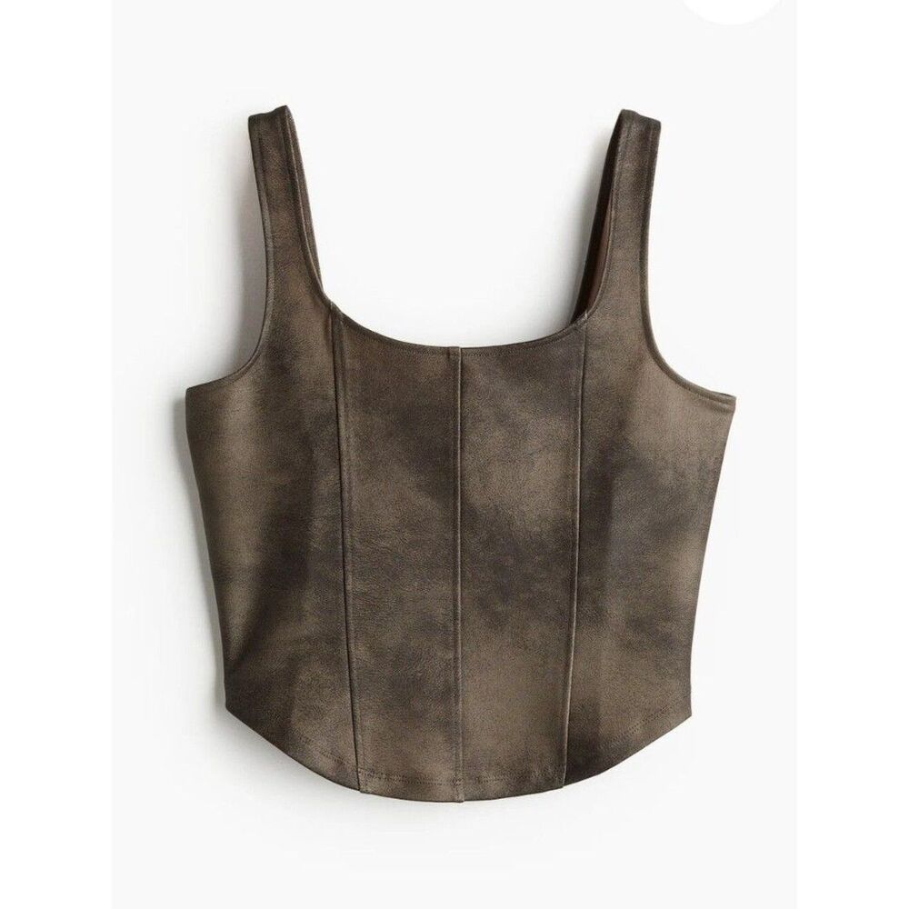 H&M NWT brown Distress Coated Corset style Tank Top XS Fitted Faux Leather